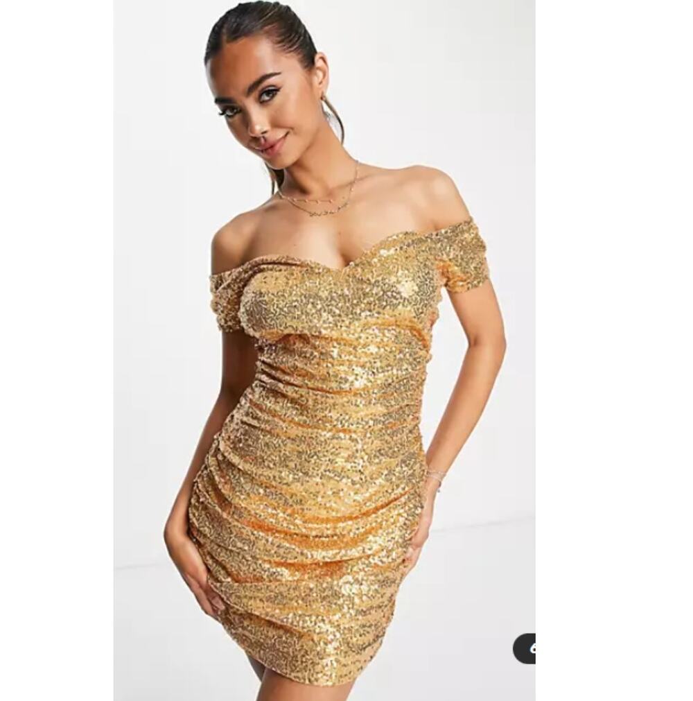 NWT In the Style Exclusive Gold Sequin Ruched Holiday Off Shoulder Mini Dress 12
